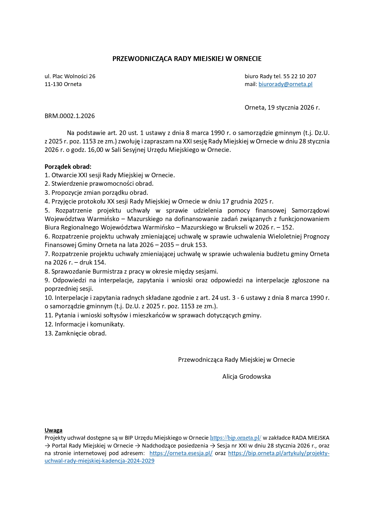 Informacja - XXI sesja Rady Miejskiej w Ornecie